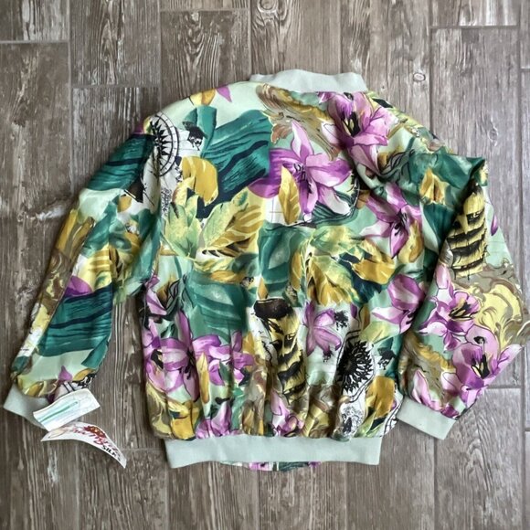 Womens Bomber Jacket Silk Floral Small Coat‎ Bright Cottage Granny Core - Picture 6 of 8